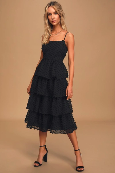 Shop Lulus Flirting With You Black Tiered Pom Pom Midi Dress