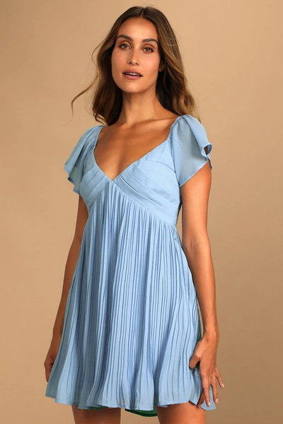 Lulus Amalfi Coast Light Blue Pleated Flutter Sleeve Mini Dress In Light Blue