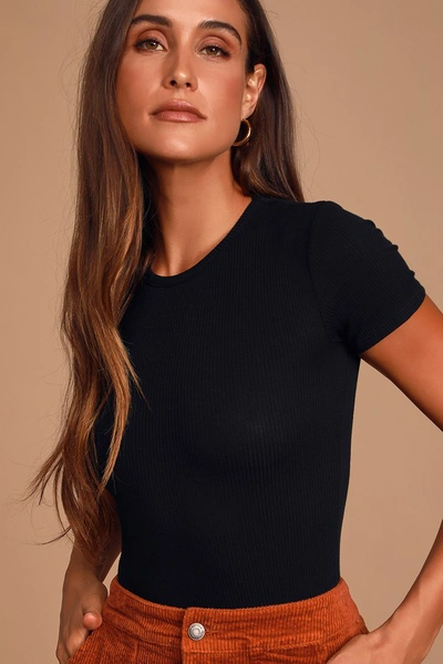 Lulus Basics Kinship Black Ribbed Bodysuit In Black