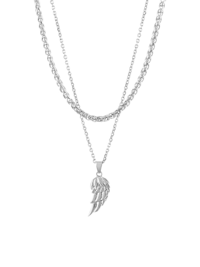 Shop Esquire Men's Jewelry Men's Textured Feather Pendant & Wheat Stainless Steel Layered Chain In Neutral