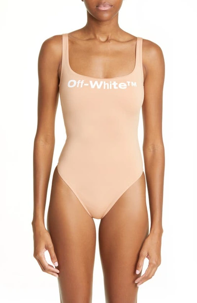 Shop Off-white Bounce Helvetica Logo One-piece Swimsuit In Brown White