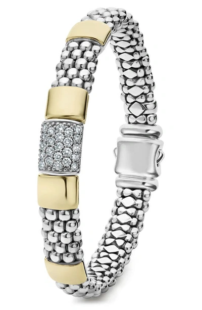 Lagos Diamond And Smooth Station Bracelet In 18k Gold With Sterling Silver Caviar Beading In Silver Gold Diamond