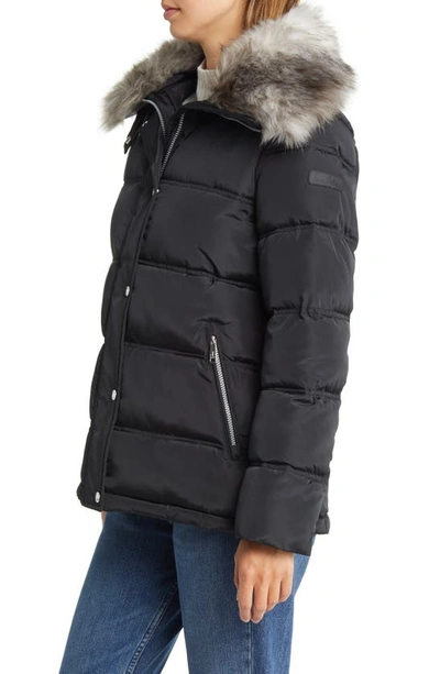 Shop Sam Edelman Water Repellent Puffer Coat With Removable Faux Fur Collar In Black