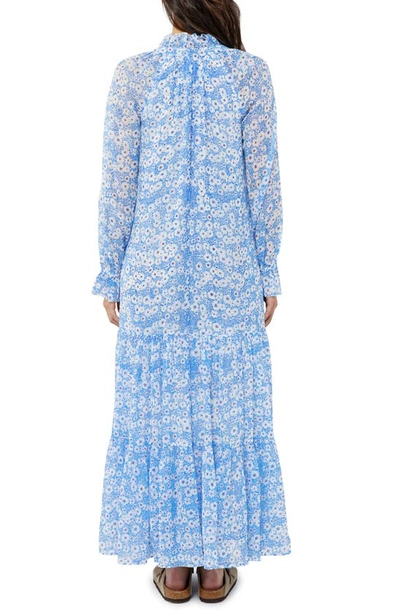 A Pea In The Pod Floral Long Sleeve Crinkle Chiffon Maxi Maternity Dress In White Blue Floral