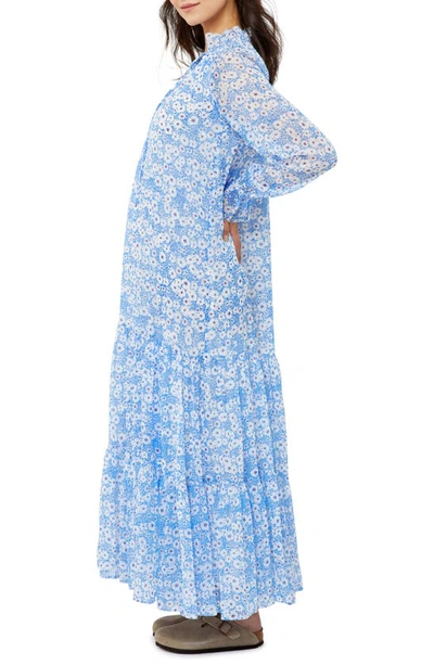 A Pea In The Pod Floral Long Sleeve Crinkle Chiffon Maxi Maternity Dress In White Blue Floral