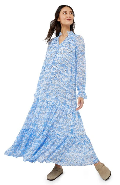 A Pea In The Pod Floral Long Sleeve Crinkle Chiffon Maxi Maternity Dress In White Blue Floral