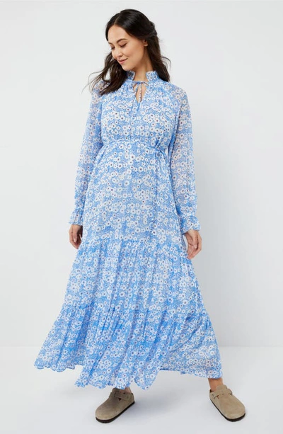 A Pea In The Pod Floral Long Sleeve Crinkle Chiffon Maxi Maternity Dress In White Blue Floral