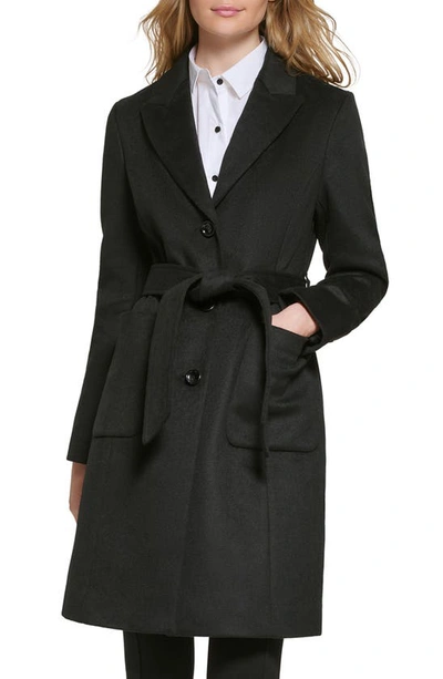 Shop Karl Lagerfeld Belted Wool Blend Patch Pocket Coat In Black