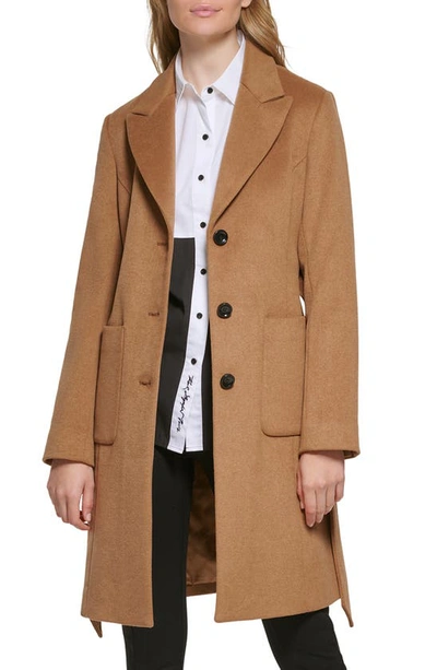 Shop Karl Lagerfeld Belted Wool Blend Patch Pocket Coat In Camel