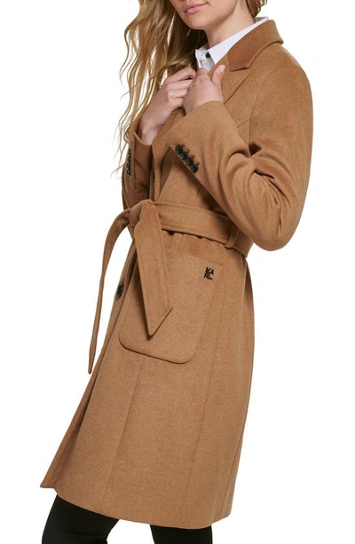 Shop Karl Lagerfeld Belted Wool Blend Patch Pocket Coat In Camel