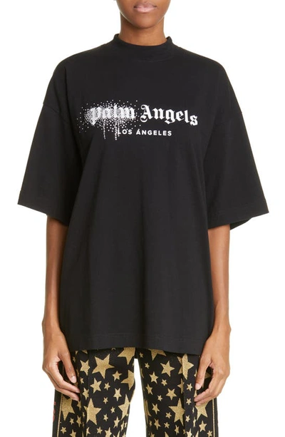 Shop Palm Angels Rhinestone Spray Logo Crewneck Cotton T-shirt In Black White