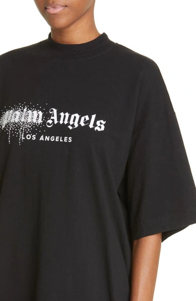 Shop Palm Angels Rhinestone Spray Logo Crewneck Cotton T-shirt In Black White