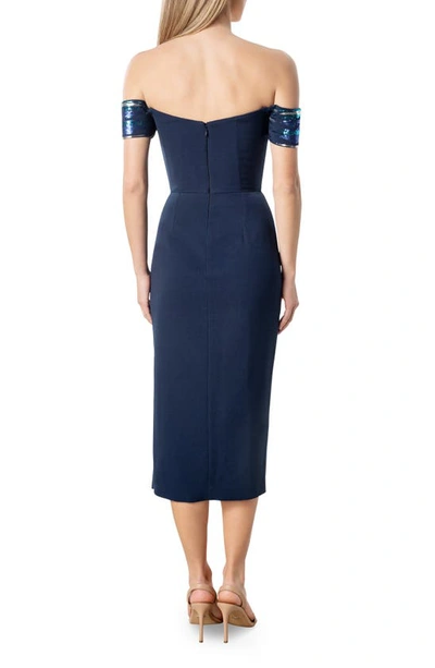 Dress The Population Alani Sequin Detail Off The Shoulder Midi Cocktail Dress In Navy Multi