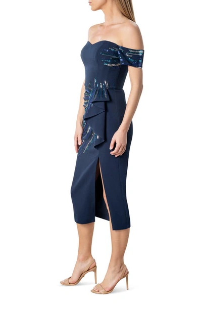 Dress The Population Alani Sequin Detail Off The Shoulder Midi Cocktail Dress In Navy Multi