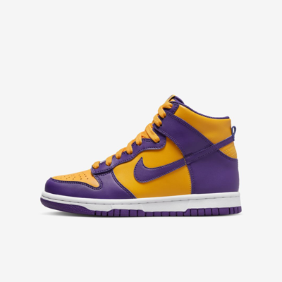 Shop Nike Dunk High Big Kids' Shoes In Court Purple,university Gold,white,court Purple