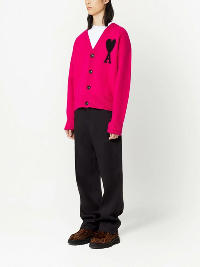 Ami Alexandre Mattiussi Ami Paris Logo-intarsia Wool Cardigan In Pink