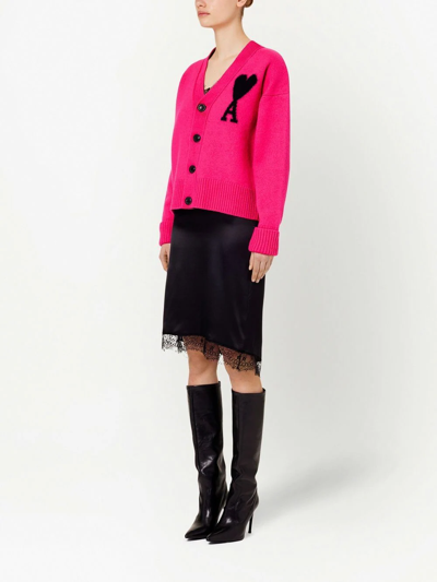 Ami Alexandre Mattiussi Ami Paris Logo-intarsia Wool Cardigan In Pink