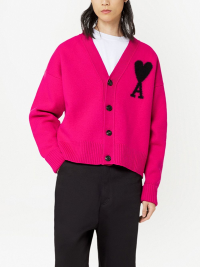 Ami Alexandre Mattiussi Ami Paris Logo-intarsia Wool Cardigan In Pink