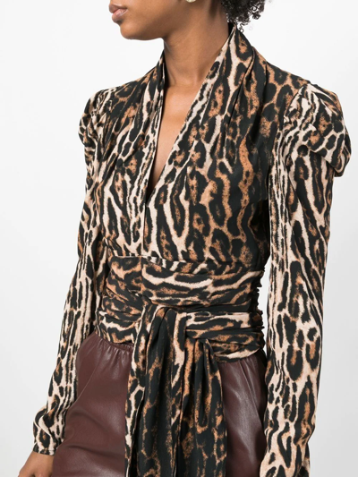 Proenza Schouler Plunging Leopard-print Puff-sleeve Crepe De Chine Top In 969 Brown Multi
