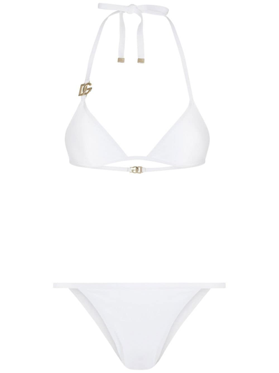 Shop Dolce & Gabbana Logo-plaque Halterneck Bikini Set In Weiss