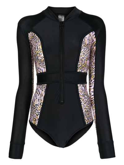 Shop Duskii Long-sleeve Leopard-print Surf Suit In Black