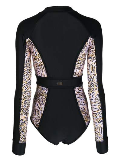 Shop Duskii Long-sleeve Leopard-print Surf Suit In Black