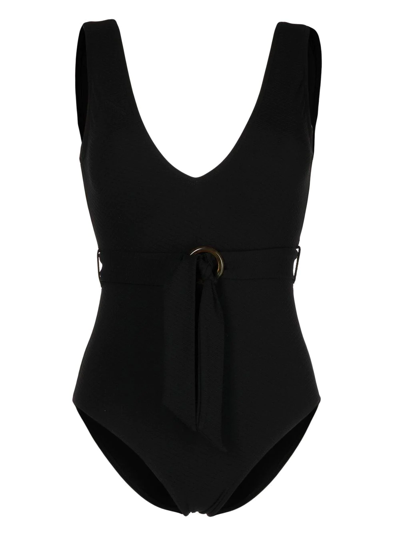 Shop Duskii Ribbed V-neck Swimsuit In Black
