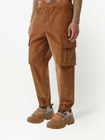 Shop Burberry Logo-plaque Corduroy Cargo Trousers In Braun