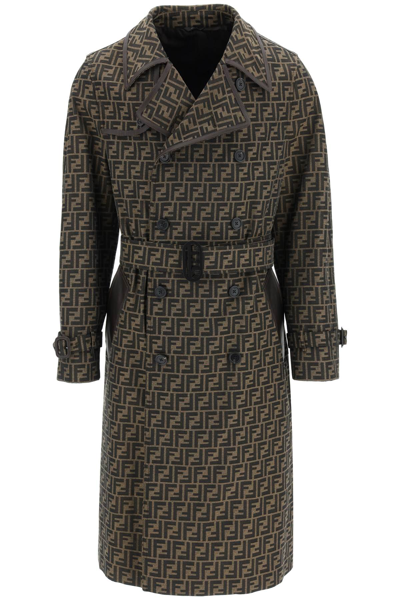 Shop Fendi Double-breasted Monogram Trench Coat In Brown