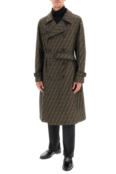 Shop Fendi Double-breasted Monogram Trench Coat In Brown