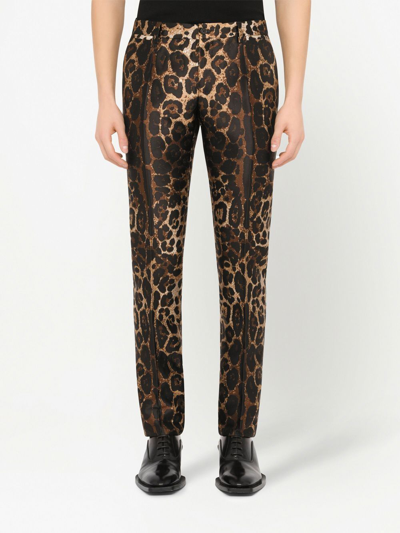Shop Dolce & Gabbana Leopard.print Jacquard Trousers In Brown