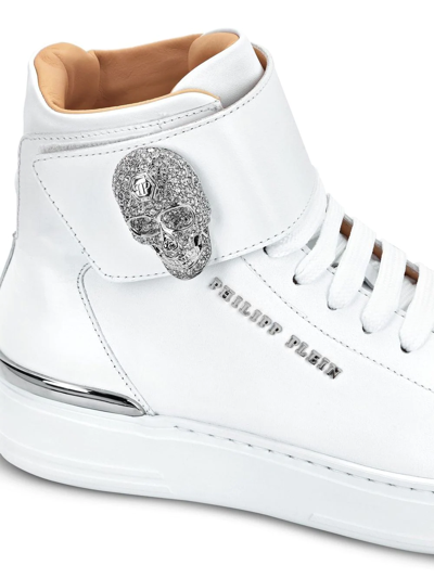 Shop Philipp Plein Crystal-skull High-top Sneakers In '01 White'