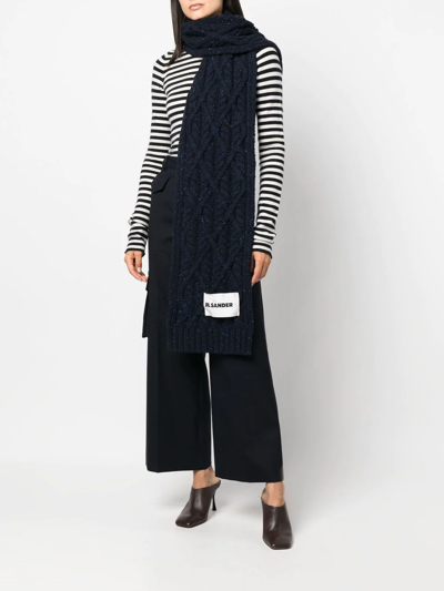 Jil Sander Luxe Cable Knit Cashmere Scarf In Blue