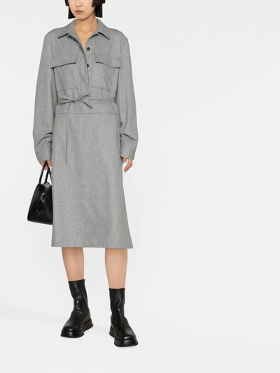 Shop Jil Sander Belted Wool Shirt Dress In Grey