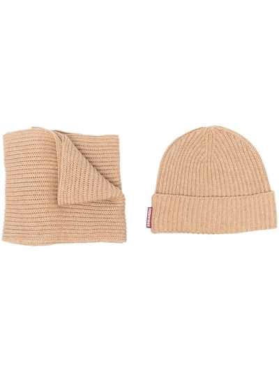 Shop Dsquared2 Knitted Beanie Hat And Scarf Set In Neutrals