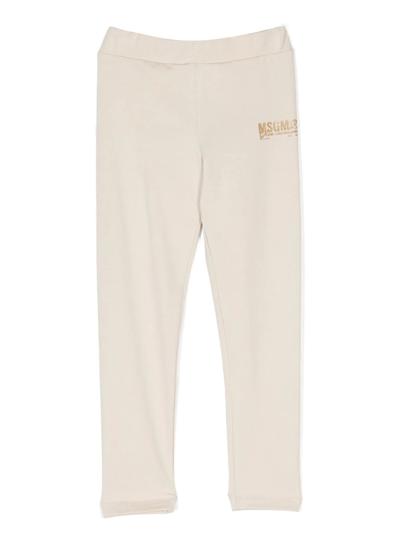 Shop Msgm Logo-print Cotton Leggings In Neutrals