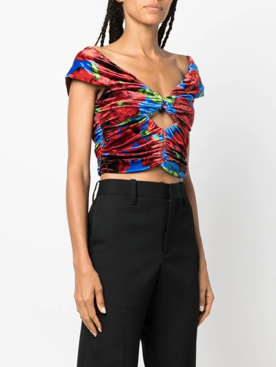 Magda Butrym Off-the-shoulder Cropped Cutout Floral-print Velvet Top In Blue
