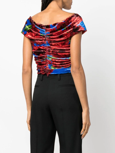 Magda Butrym Off-the-shoulder Cropped Cutout Floral-print Velvet Top In Blue