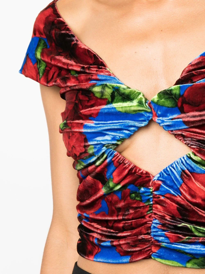 Magda Butrym Off-the-shoulder Cropped Cutout Floral-print Velvet Top In Blue