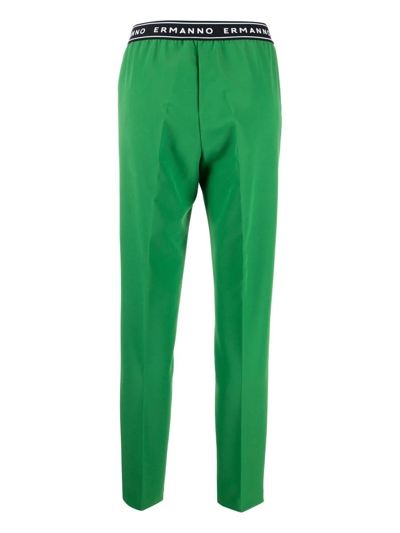 Shop Ermanno Ermanno Logo-waistband Slim-fit Trousers In Green