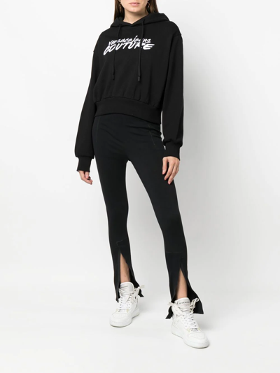 Shop Versace Jeans Couture Logo-embroidered Cropped Hoodie In Black