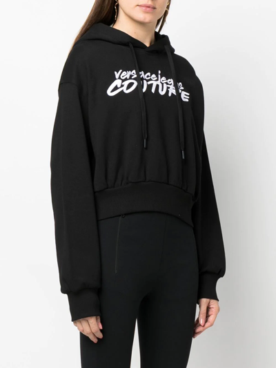 Shop Versace Jeans Couture Logo-embroidered Cropped Hoodie In Black