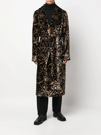 Shop Etro Tie-waist Floral-pattern Coat In Black