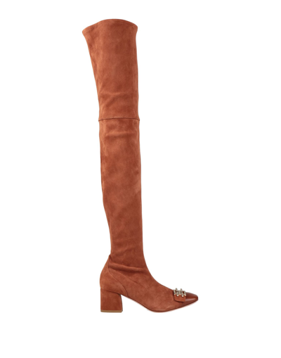 Shop Elisabetta Franchi Woman Knee Boots Tan Size 7 Soft Leather In Brown
