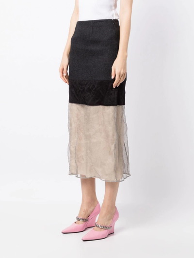 Shop Prada Contrast-panel Midi Skirt In Grey