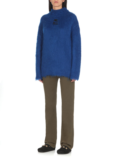Shop Etro Mohair Sweater With Embroidered Logo In Blue