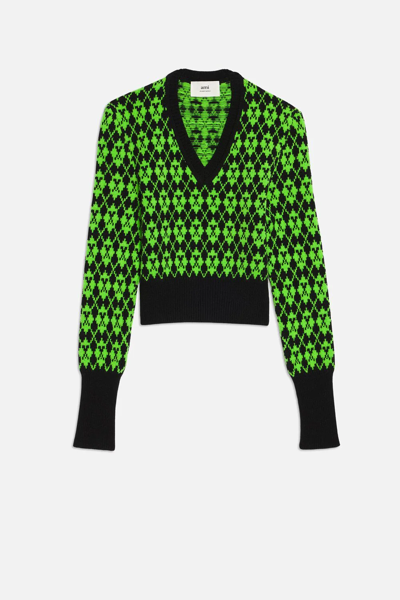 Shop Ami Alexandre Mattiussi Jacquard V Neck Sweater In Green