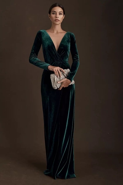 Shop Anthropologie Jenny Yoo Ryland V-neck Long-sleeve Open-back Velvet Gown In Green