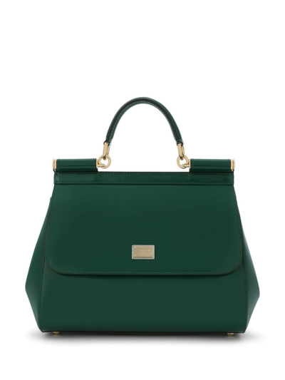 Shop Dolce & Gabbana Medium Sicily Leather Top-handle Bag In Green