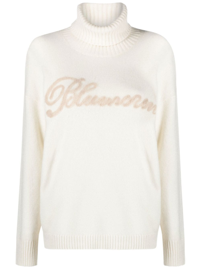 Blumarine Logo-lettering Rollneck Jumper In Neutrals